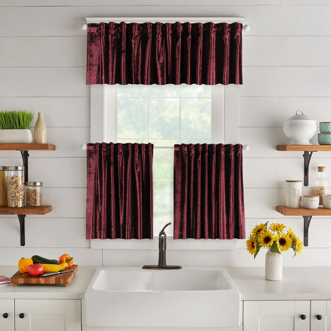 A made to measure valance in dark mahogany‑brown shiny velvet, shown with a smooth reflective sheen and neatly tailored edges for a rich premium finish