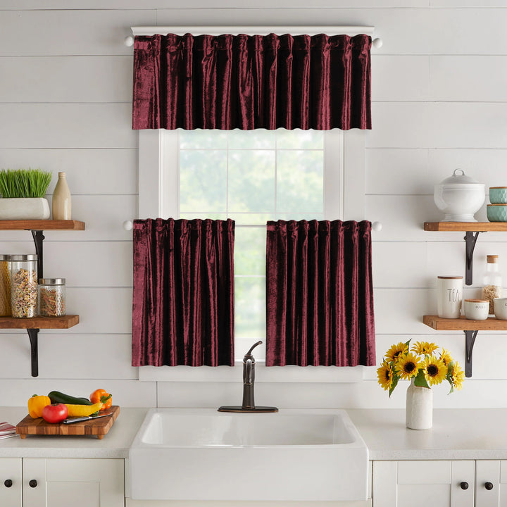 A made to measure valance in dark mahogany‑brown shiny velvet, shown with a smooth reflective sheen and neatly tailored edges for a rich premium finish