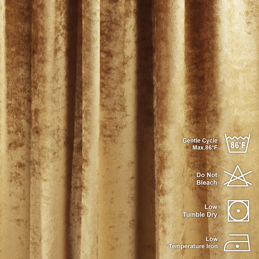 Textured brown  shiny velvet fabric with laundry care symbols and text.