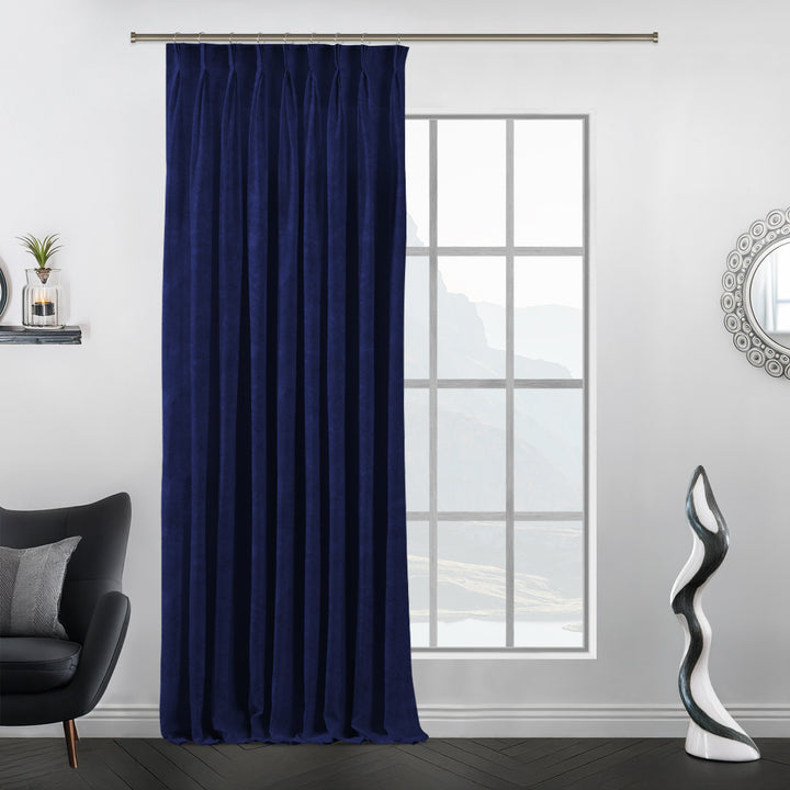 Made‑to‑measure pinch pleat velvet curtain with smooth matte texture and extended length.