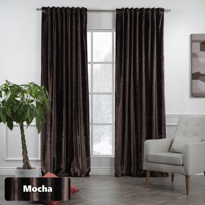 “Mocha velvet eyelet curtain with smooth ring‑top movement and an elegant full‑length drape
