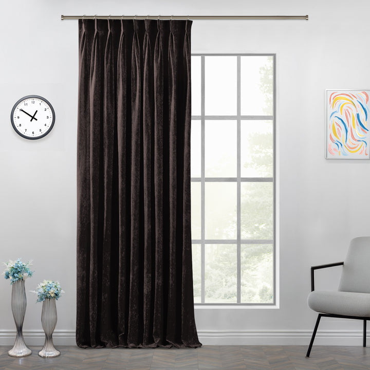 Mocha shiny velvet pinch pleat curtain with uniform handcrafted pleats and a smooth, elegant drape