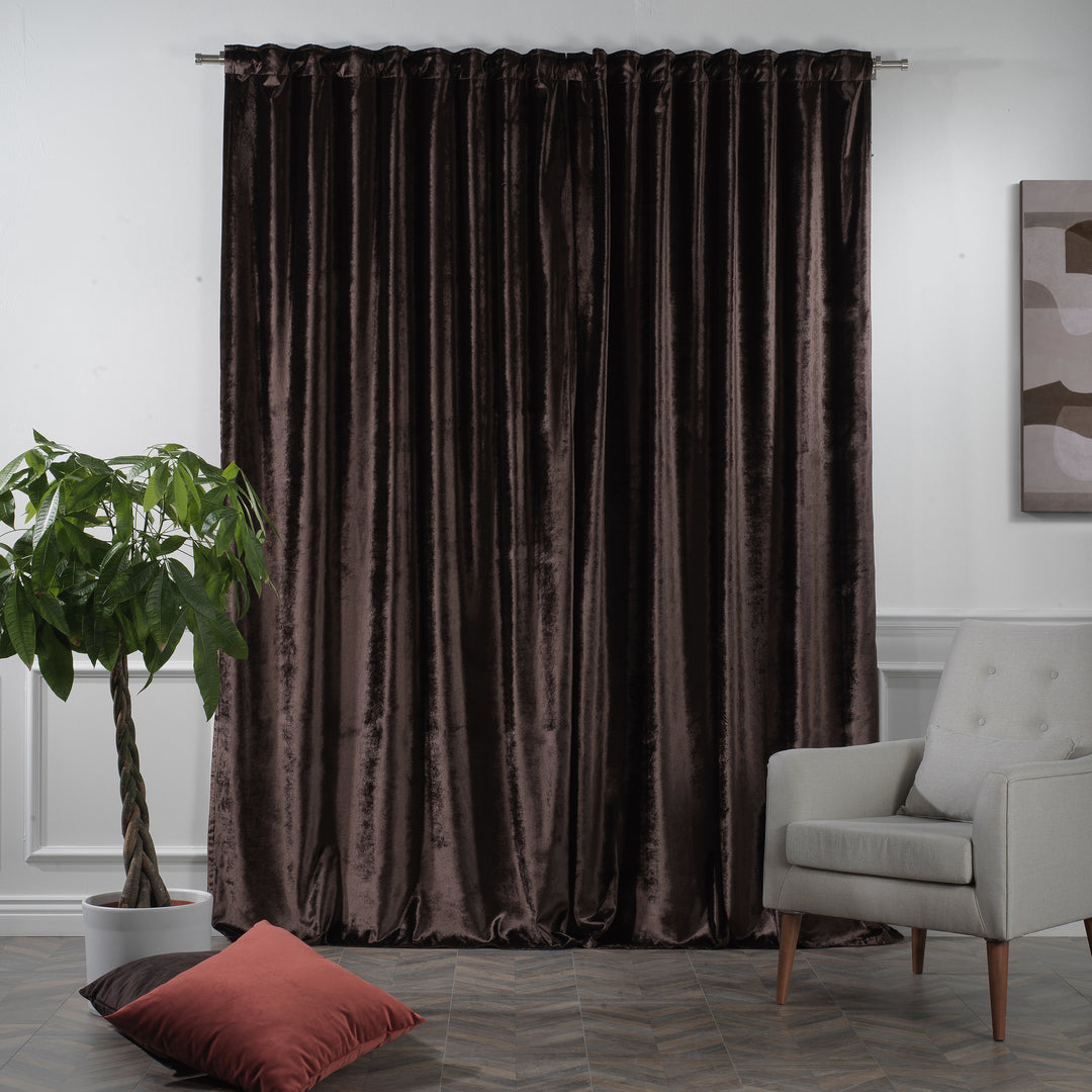 Mocha shiny velvet curtain with a smooth header and a long, elegant made‑to‑measure drape.