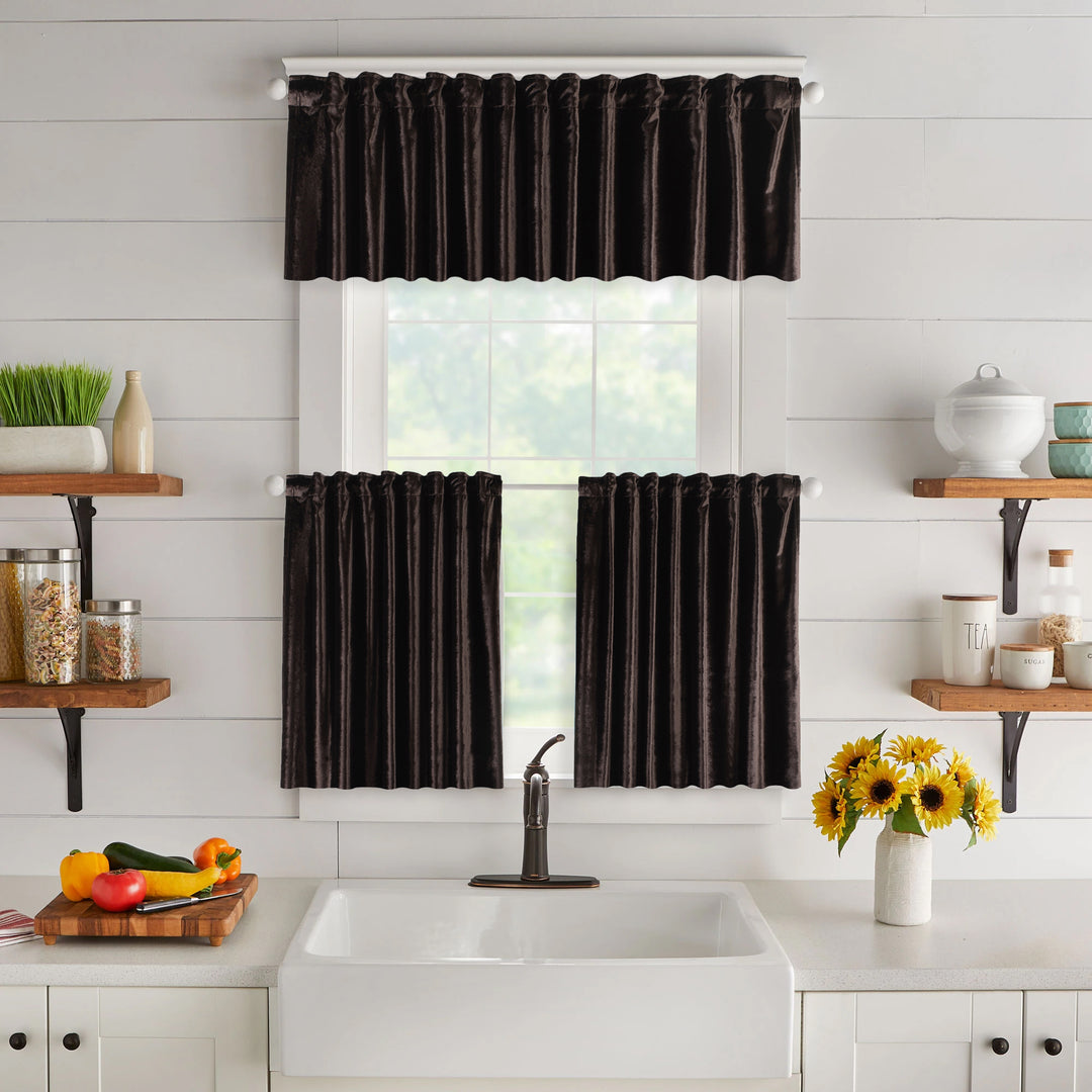 A made to measure  valance in warm mocha‑brown shiny velvet, shown with a glossy plush texture and crisp edges for a rich elegant finish