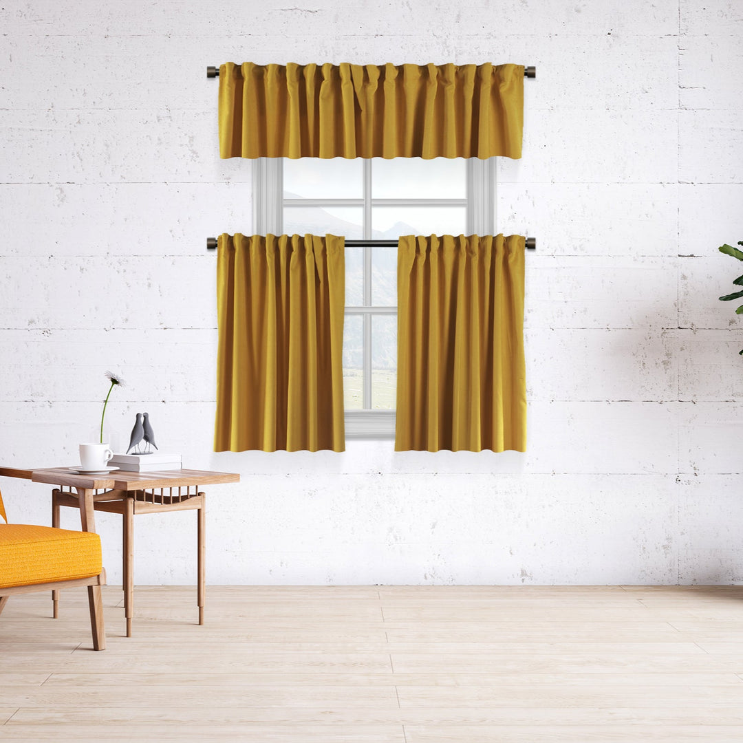 A made to measure kitchen valance in warm mustard velour, shown with a smooth lightweight texture and crisp seams for a vibrant elegant finish