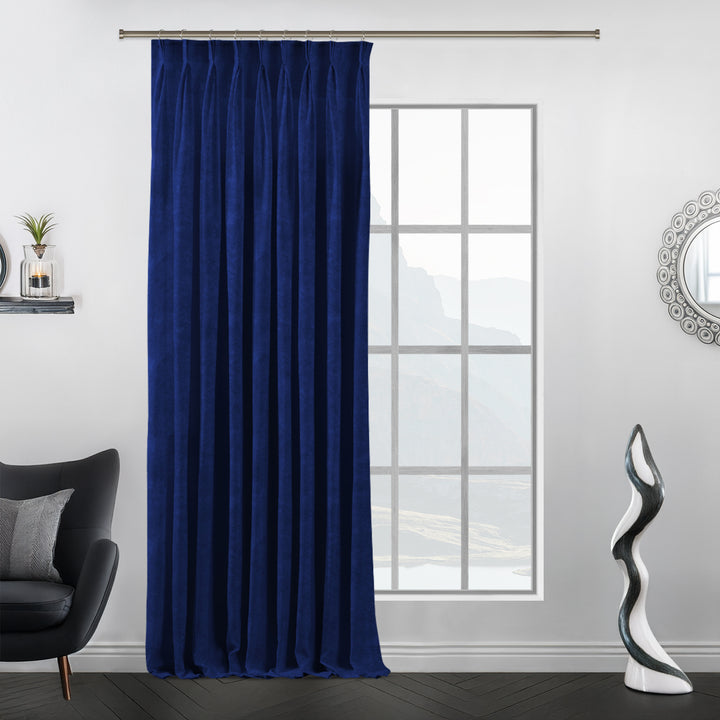 Custom‑sized pinch pleat velvet curtain offering long, weighty drape and premium craftsmanship.