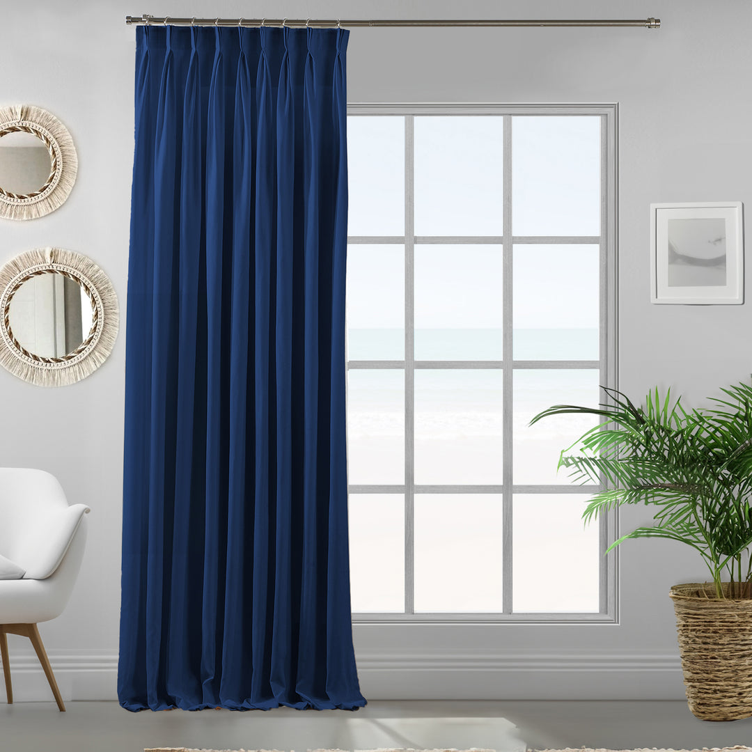 Single navy blue velour curtain panel showing soft drape, matte finish and premium tailored fall.