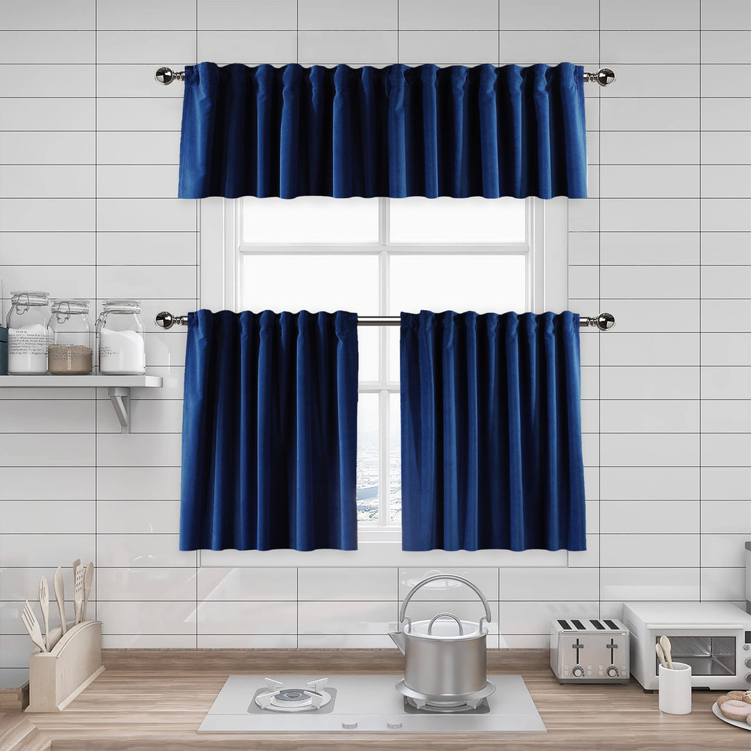 A made to measure kitchen valance in classic navy‑blue matte velvet, shown with a smooth plush texture and neatly structured edges for a timeless premium look