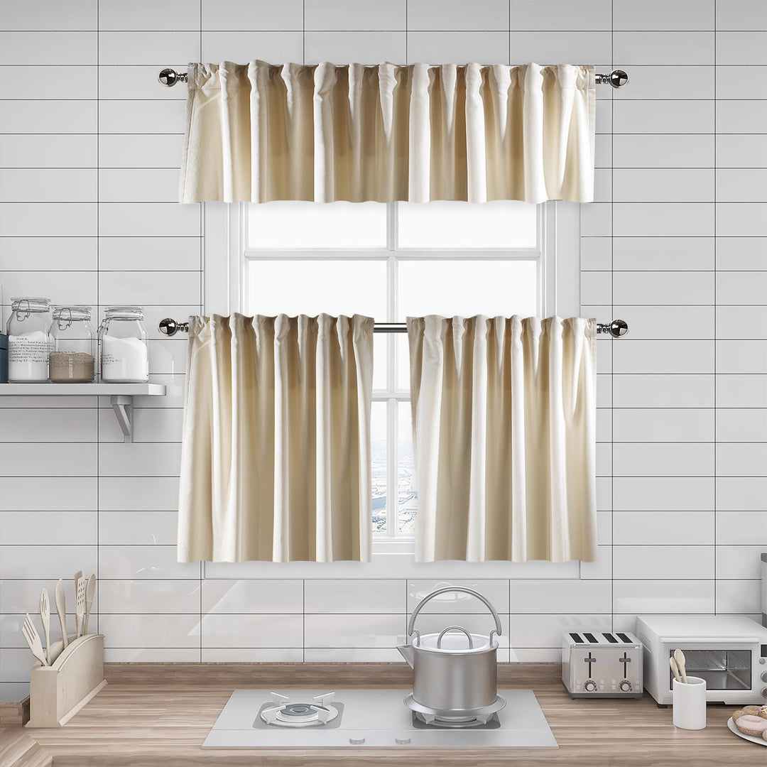 A made to measure kitchen valance in soft off‑white matte velvet, shown with a smooth plush texture and clean structured edges for a refined premium look