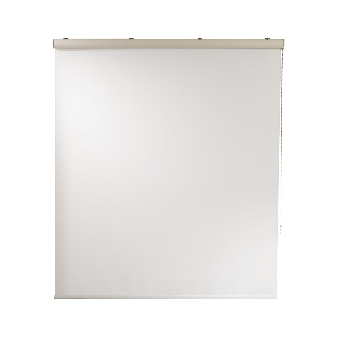 An off‑white room darkening roller blind made to measure, shown lowered with a smooth matte surface and clean minimal edges softening incoming light