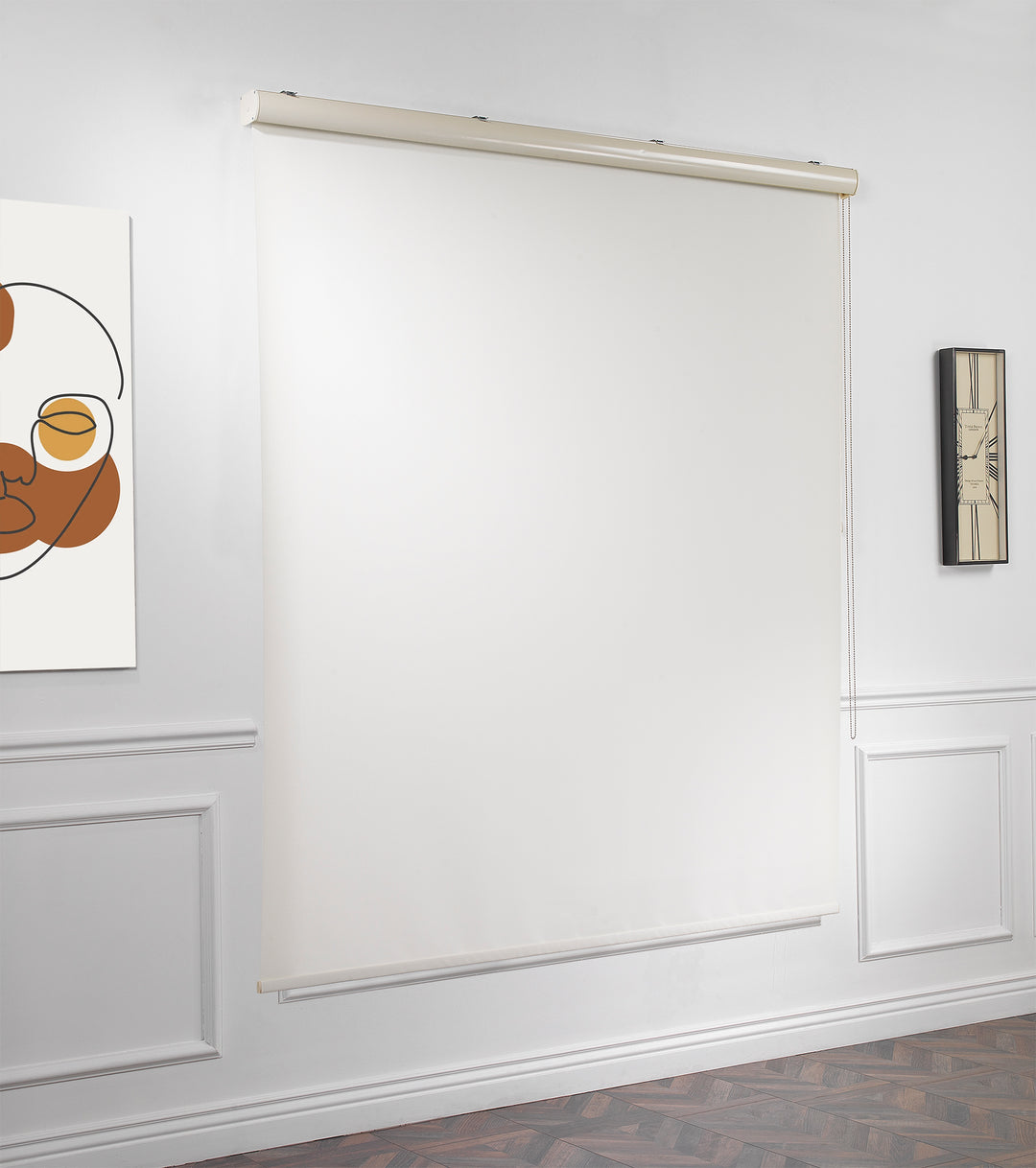 An off‑white room darkening roller blind made to measure, captured with a smooth matte texture and minimal lines enhancing light control