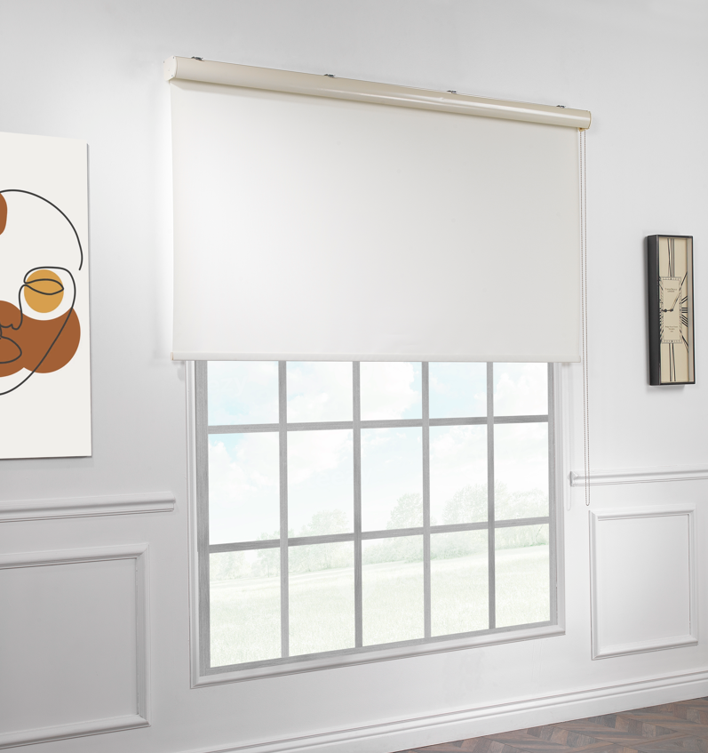A made to measure off‑white room darkening roller blind displayed in a clean front view with a soft matte finish and balanced dimming