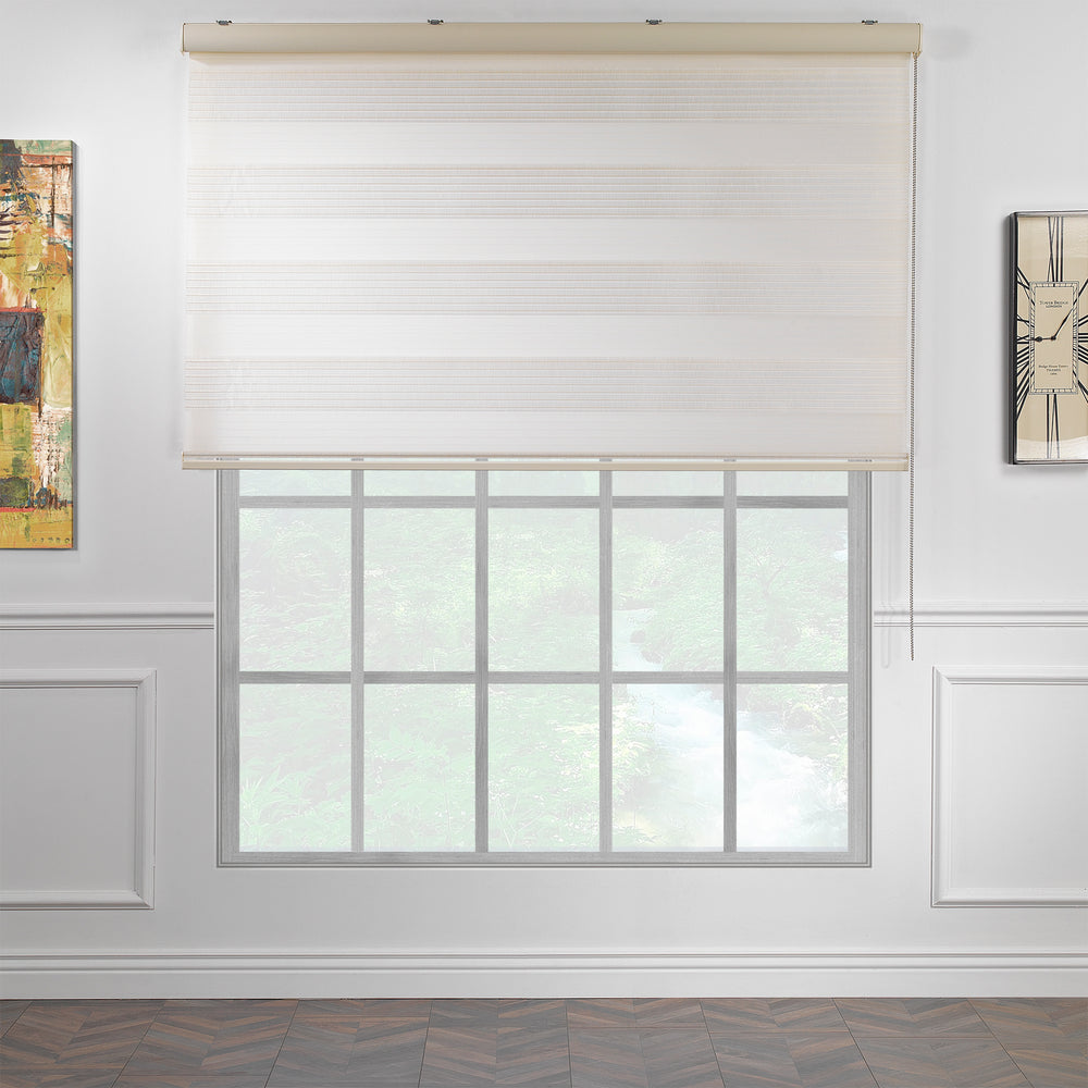 Made to measure off‑white thick pleated linen‑textured zebra roller blind featuring layered sheer and dim‑out stripes for soft diffused light control and privacy, highlighting its rich fabric texture, premium pleated finish and contemporary day‑and‑night blind design.
