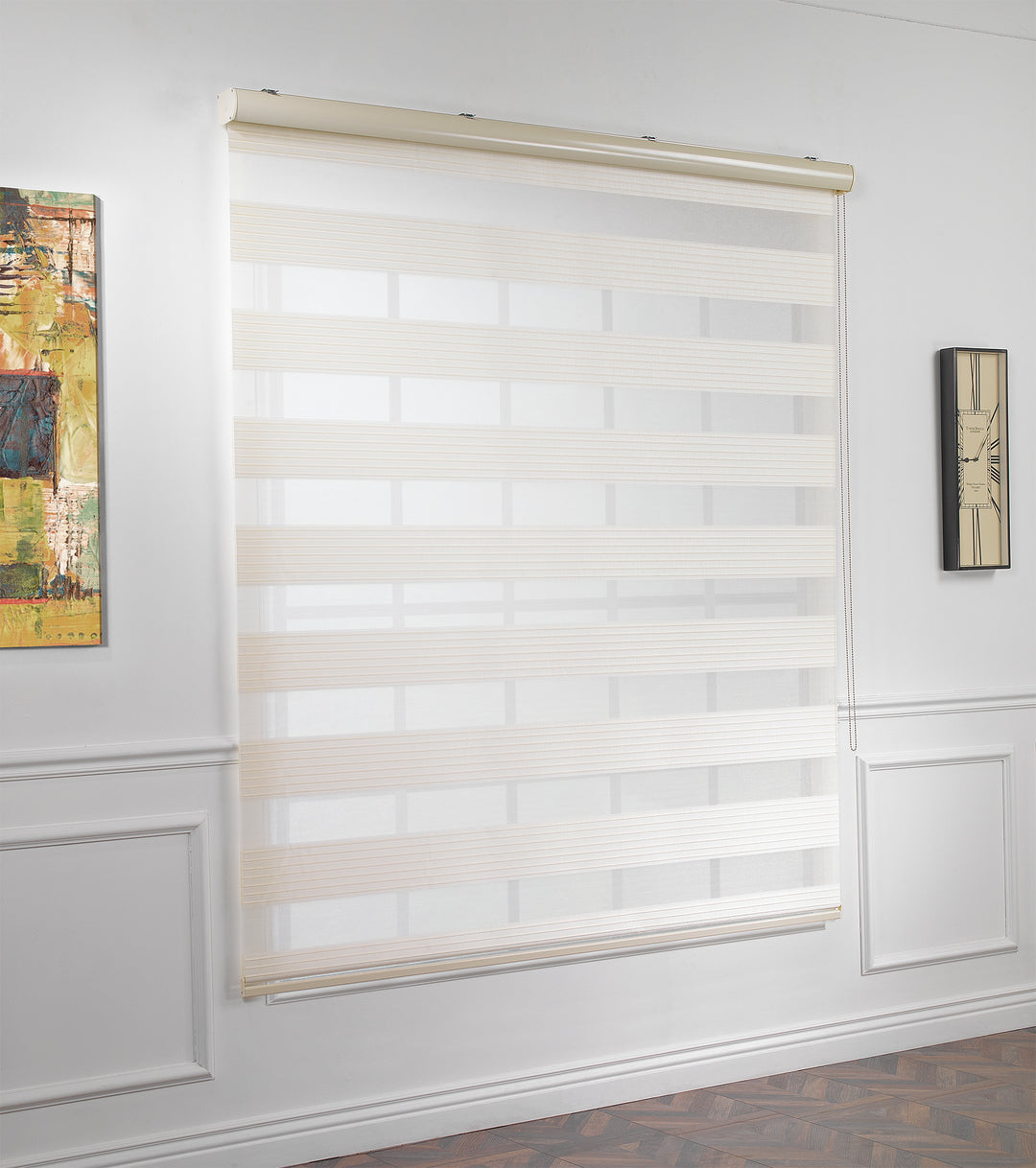 Made to measure off‑white thick pleated linen‑textured zebra roller blind featuring layered sheer and dim‑out stripes for soft diffused light control and privacy, highlighting its rich fabric texture, premium pleated finish and contemporary day‑and‑night blind design.