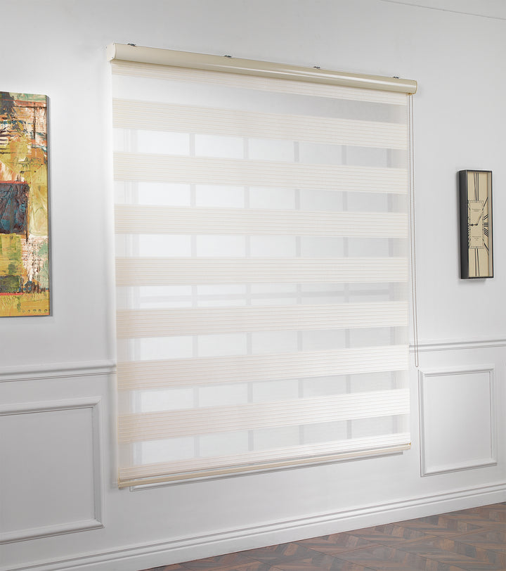 Made to measure off‑white thick pleated linen‑textured zebra roller blind featuring layered sheer and dim‑out stripes for soft diffused light control and privacy, highlighting its rich fabric texture, premium pleated finish and contemporary day‑and‑night blind design.