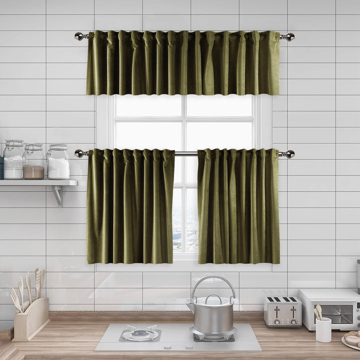 A made to measure kitchen valance in warm olive‑green matte velvet, shown with a smooth plush texture and neatly structured edges for a refined premium finish
