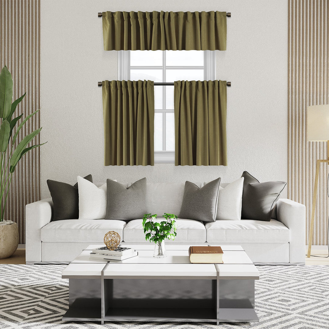 A made to measure kitchen valance in warm olive velour, shown with a soft lightweight texture and crisp seams for a refined earthy appearance