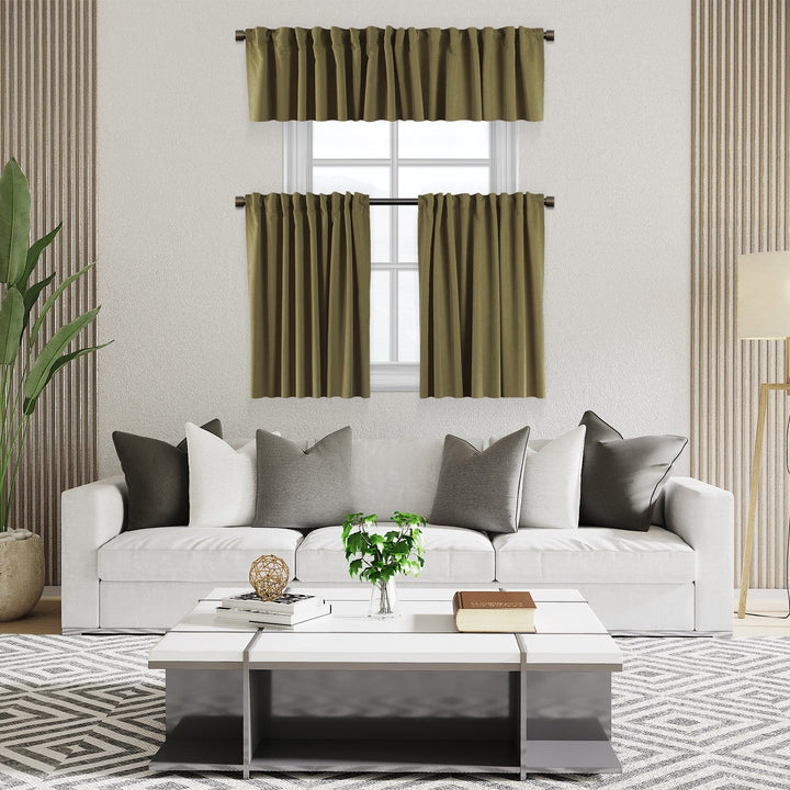 A made to measure kitchen valance in warm olive velour, shown with a soft lightweight texture and crisp seams for a refined earthy appearance