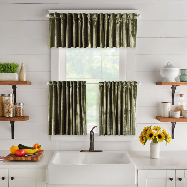  made to measure kitchen valance in warm olive‑green shiny velvet, featuring a glossy plush texture and clean tailored seams for a rich premium appearance
