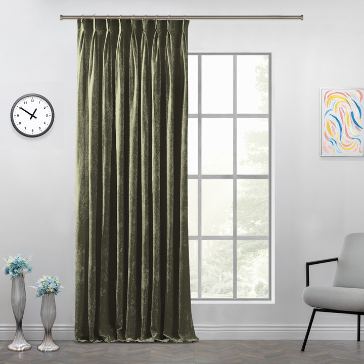 Matte velvet curtain with precise pinch pleats and a long, graceful silhouette.