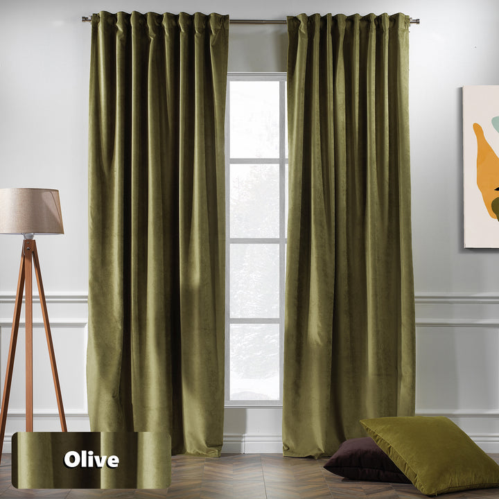 Eyelet header matte velvet curtain with extended length and a relaxed, premium flow.