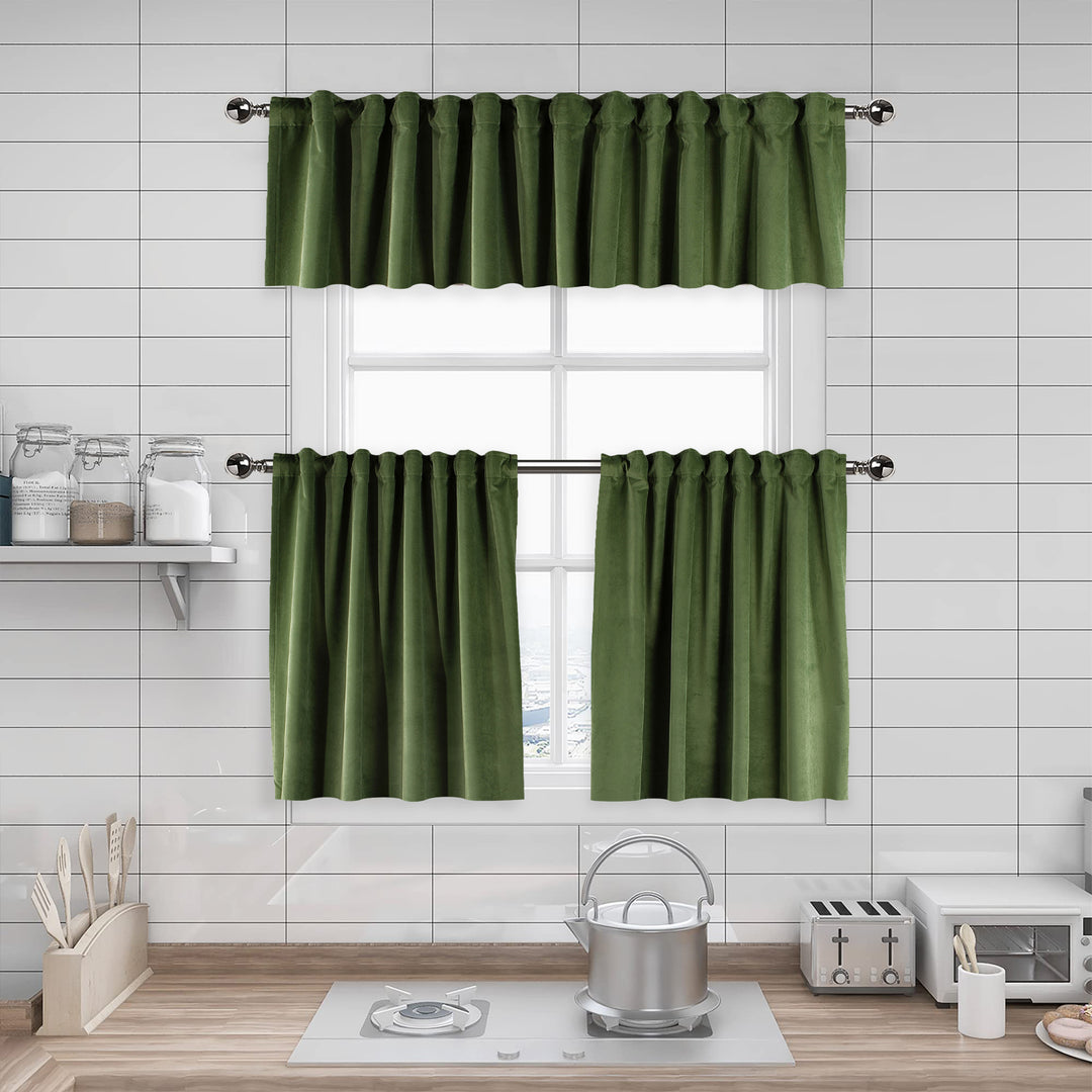 A made to measure kitchen valance in muted olive‑green matte velvet, featuring a velvety surface and neatly tailored seams for a natural refined finish