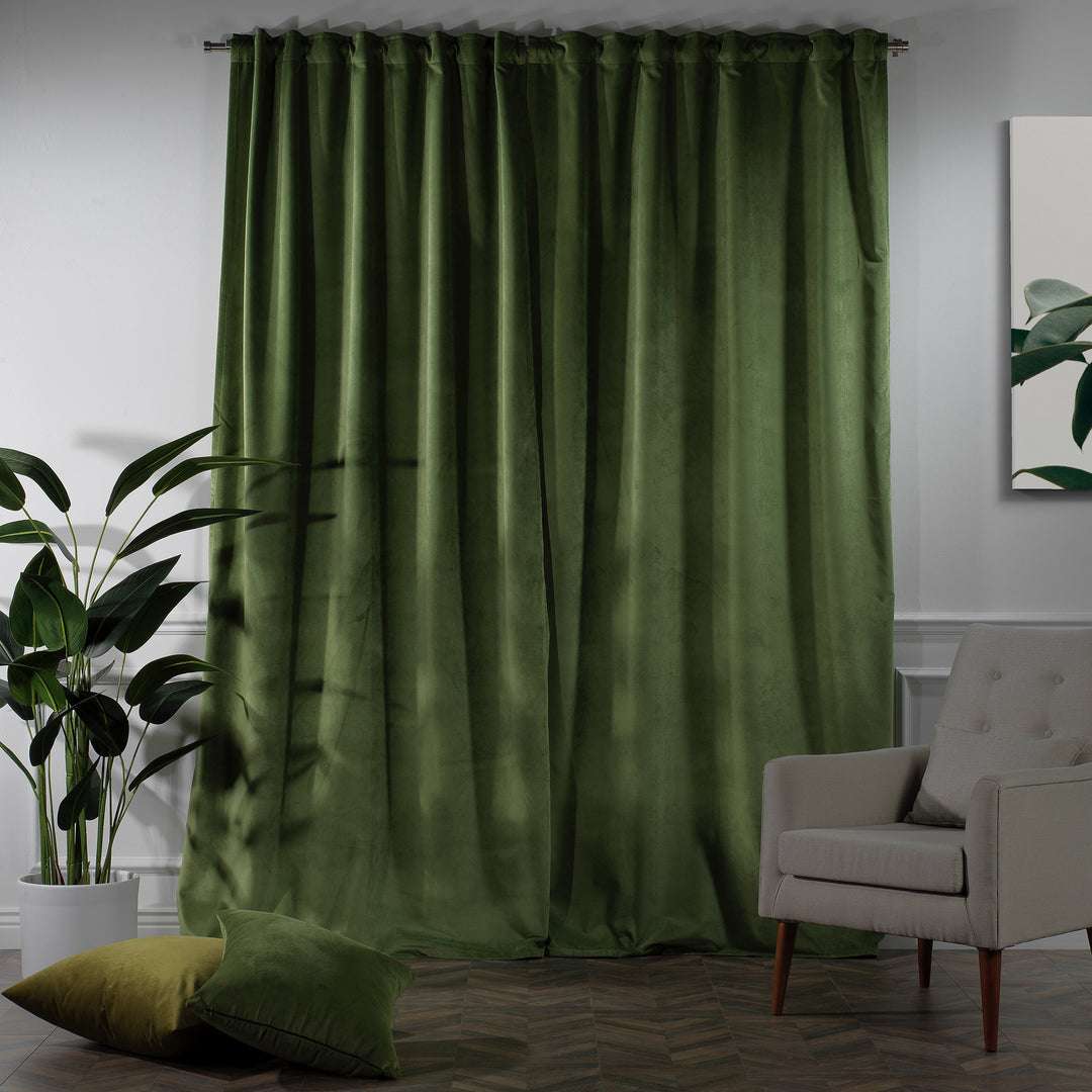 Tailored matte velvet curtain with smooth texture and a calm, elegant silhouette