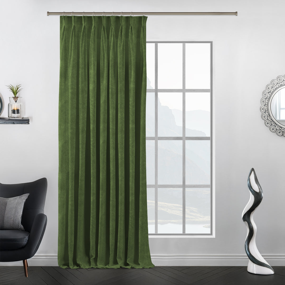 Tailored pinch pleat curtain panel in matte velvet with a smooth, weighty fall.