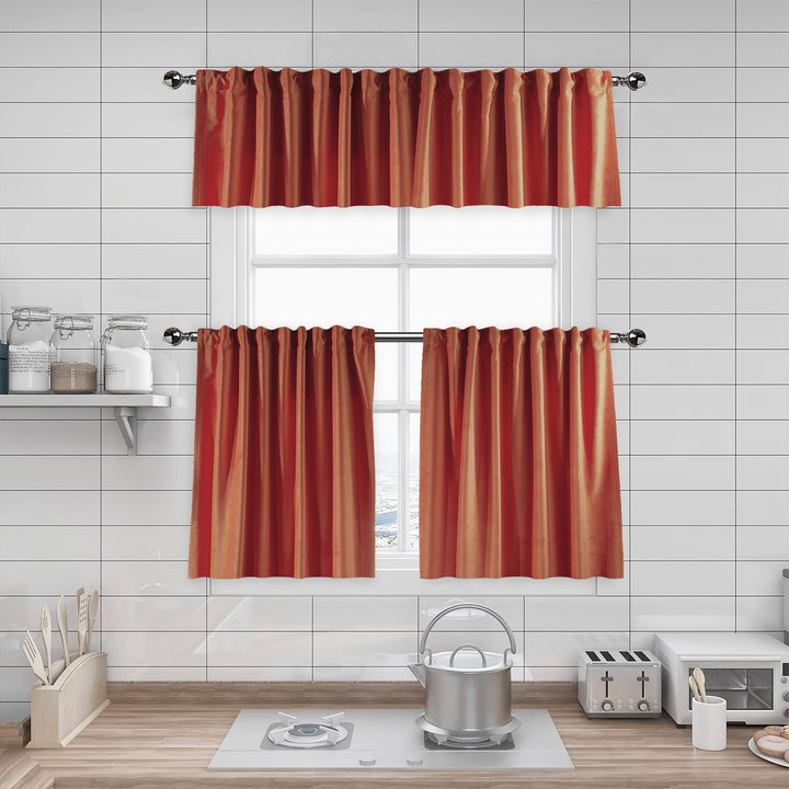  made to measure kitchen valance in soft orange matte velvet, featuring a velvety surface and clean seams for a bright modern appearance