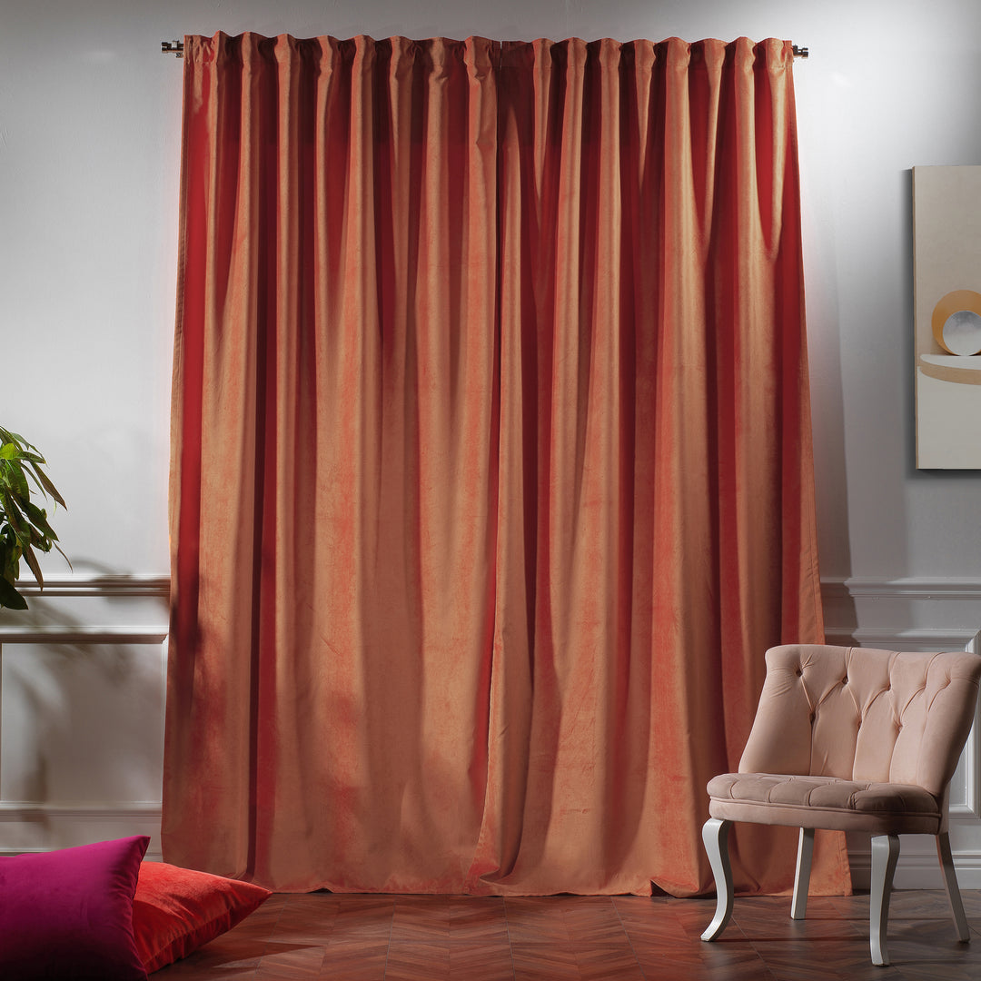 Orange matte velvet extra‑long extra‑wide curtain with warm tangerine tone and smooth matte drape.
