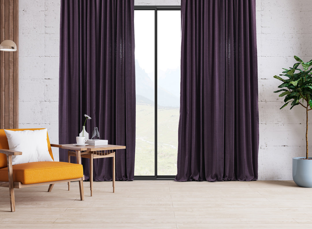 An extra‑long wide linen‑look door curtain in purple, featuring gentle daylight texture, smooth folds and a rich elegant finish