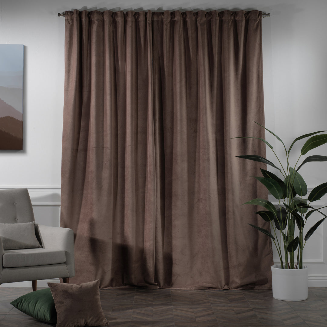 Extra‑long matte velvet curtain with smooth texture and a calm, refined silhouette.