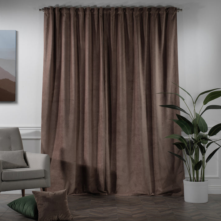 Extra‑long matte velvet curtain with smooth texture and a calm, refined silhouette.