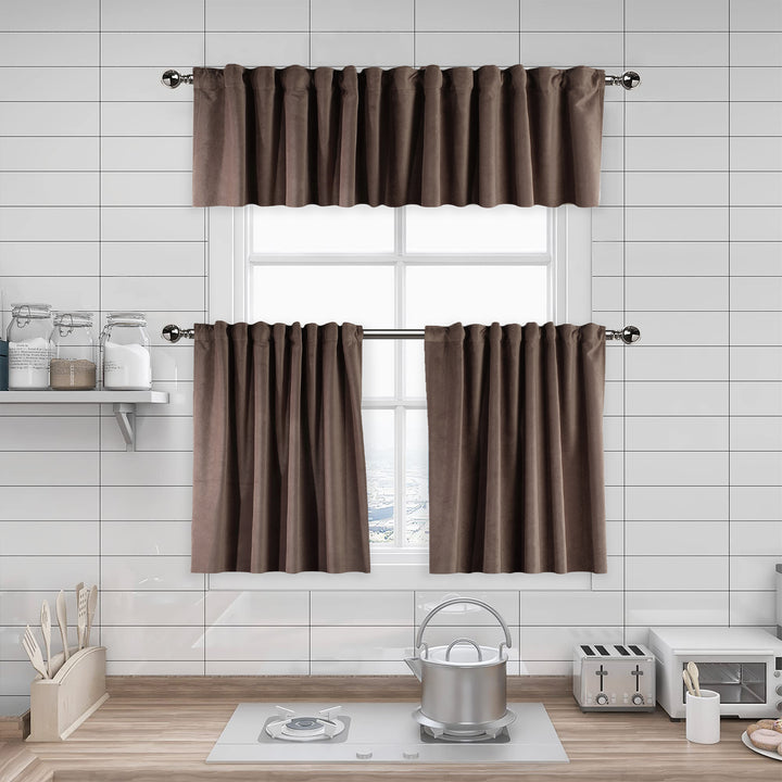 A made to measure kitchen valance in soft pale‑taupe matte velvet, featuring a velvety surface and neatly tailored seams for a calm neutral finish