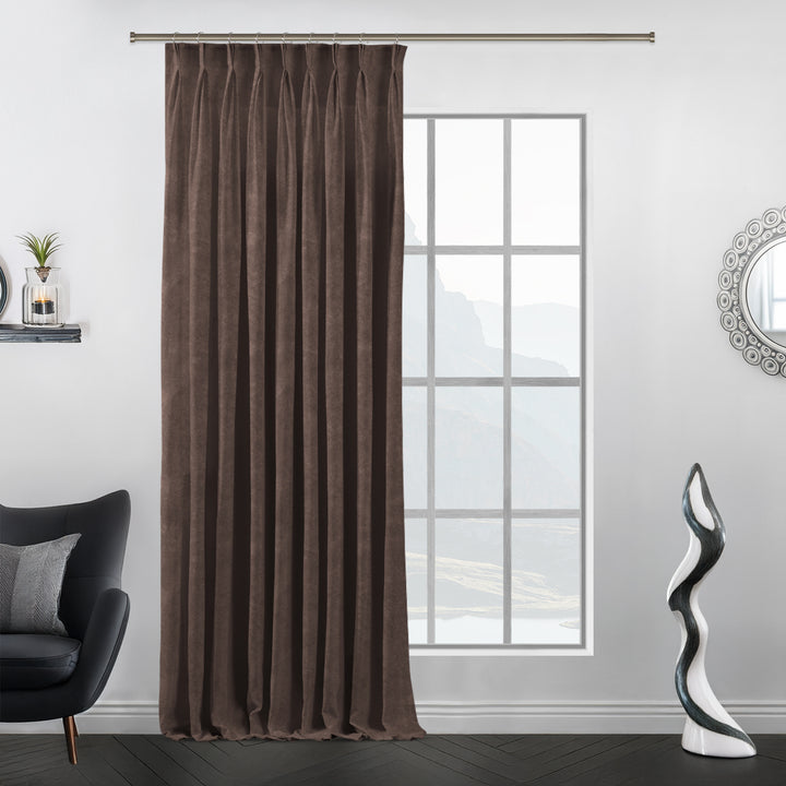 Pale taupe luxury matte velvet curtain in a pinch pleat single panel design, showcasing its smooth tailored drape, soft matte texture and refined made to measure finish.