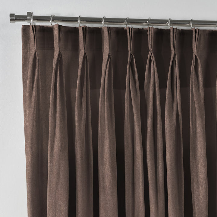 Pale taupe luxury matte velvet curtain in a pinch pleat single panel design, showcasing its smooth tailored drape, soft matte texture and refined made to measure finish.