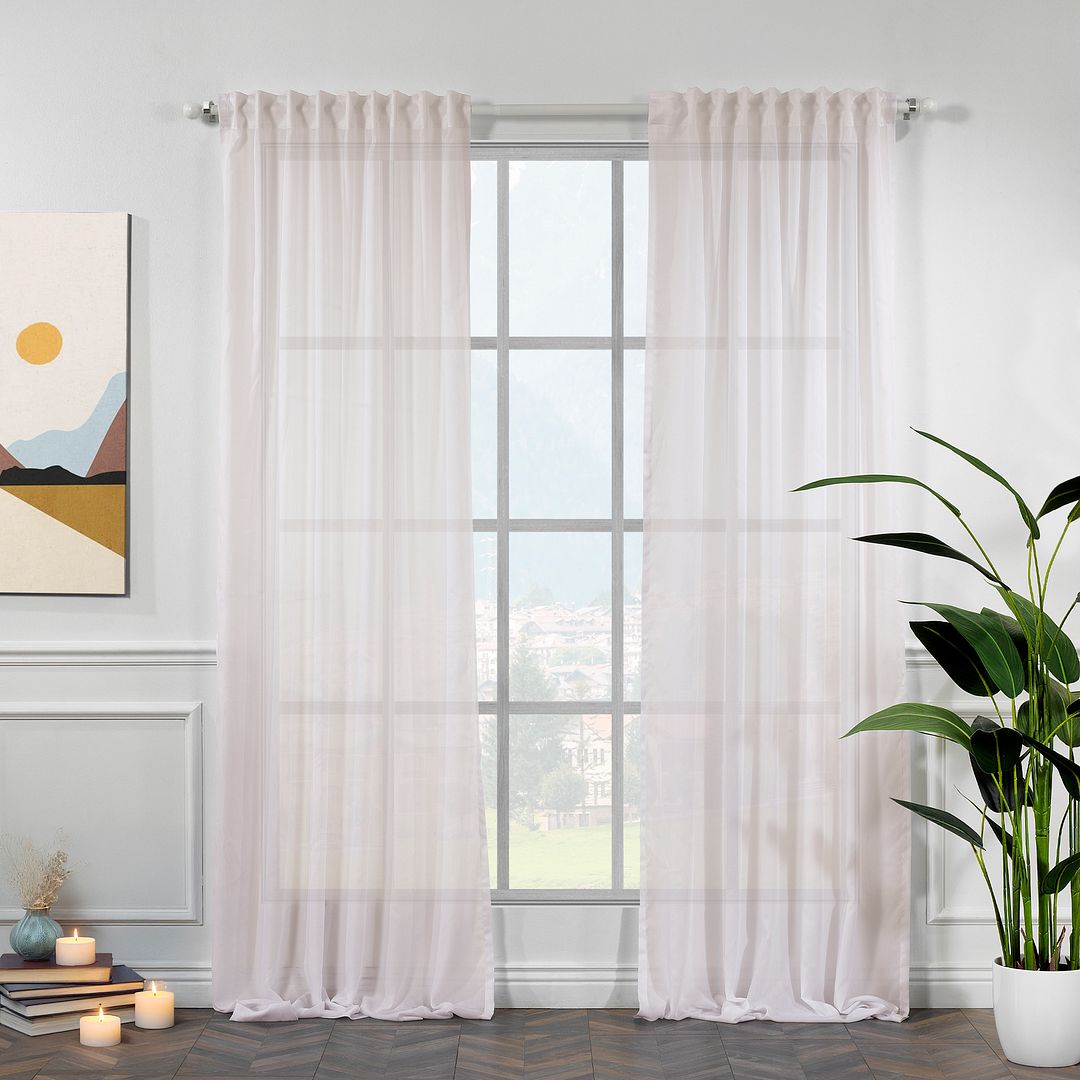 Made‑to‑measure extra‑long and extra‑wide pink chiffon semi‑sheer curtain with soft pastel tone and delicate light diffusion.