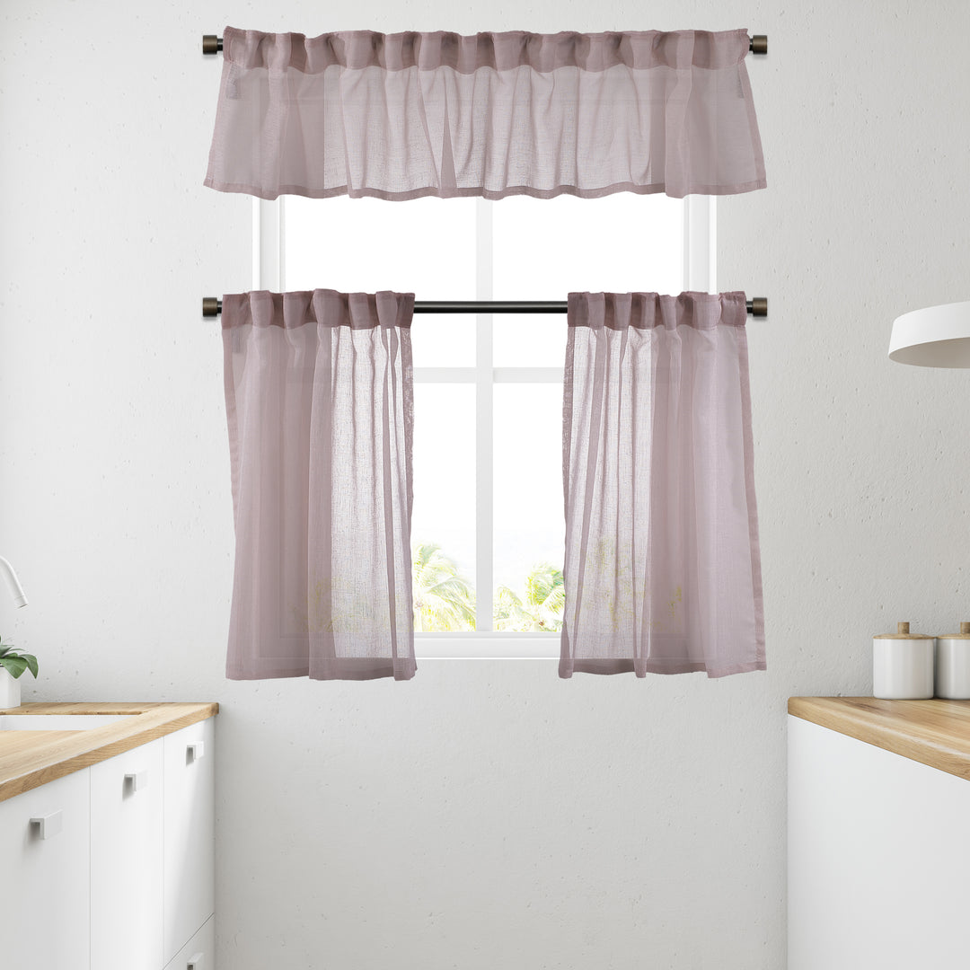 Pink linen‑look sheer valance showing natural texture, gentle light filtering and soft drape.