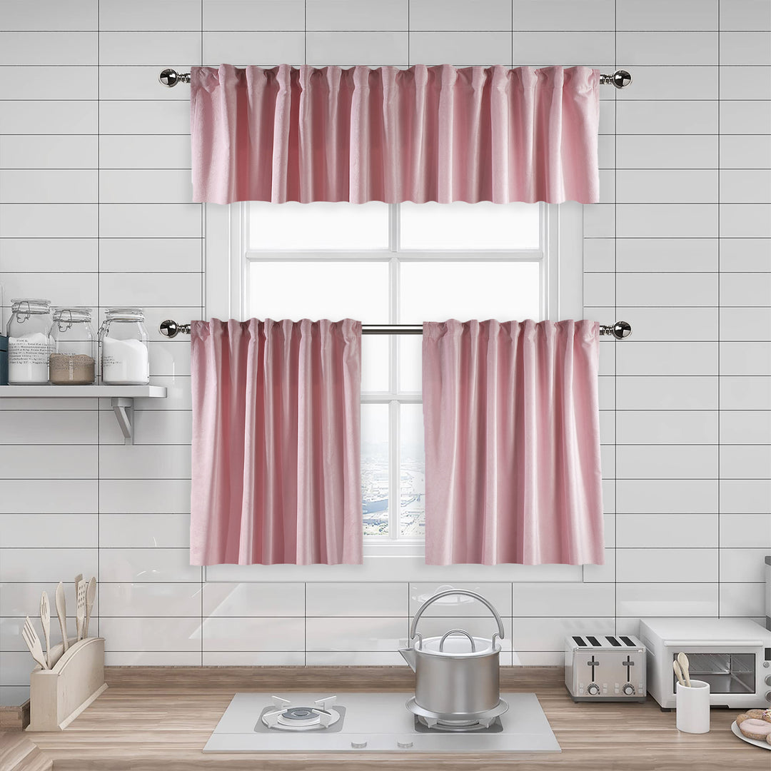 A made to measure kitchen valance in classic soft‑pink matte velvet, displaying a velvety surface and neatly finished seams for a gentle elegant look