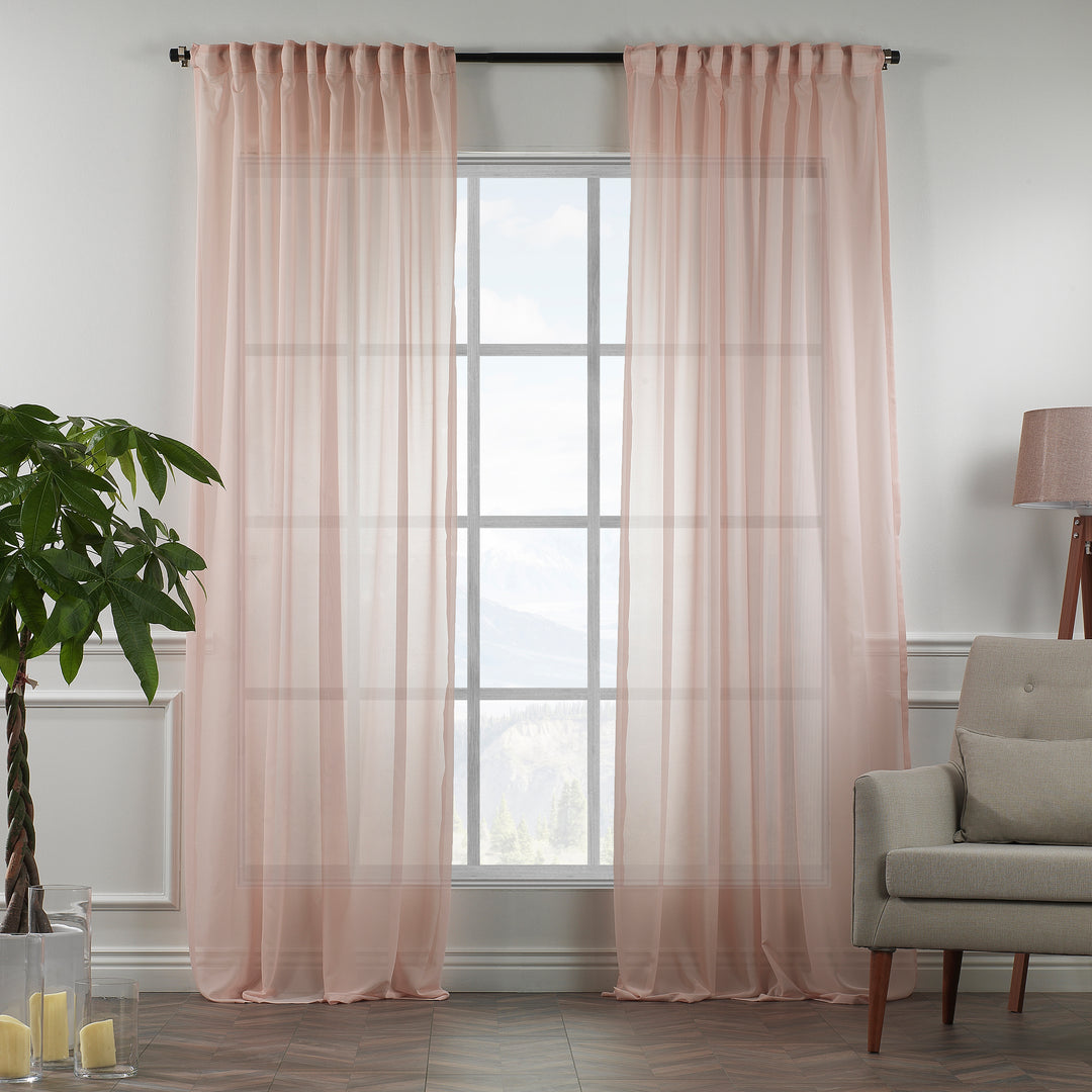 Made‑to‑measure extra‑long and extra‑wide Pink silk‑crepe sheer curtain in daylight, showing refined silk texture, soft translucency and a smooth elegant drape.