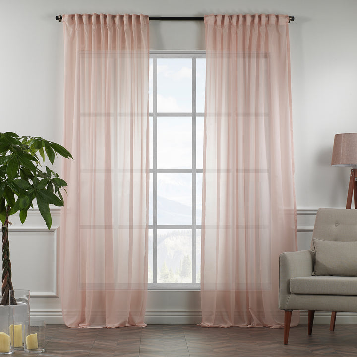 Made‑to‑measure extra‑long and extra‑wide Pink silk‑crepe sheer curtain in daylight, showing refined silk texture, soft translucency and a smooth elegant drape.