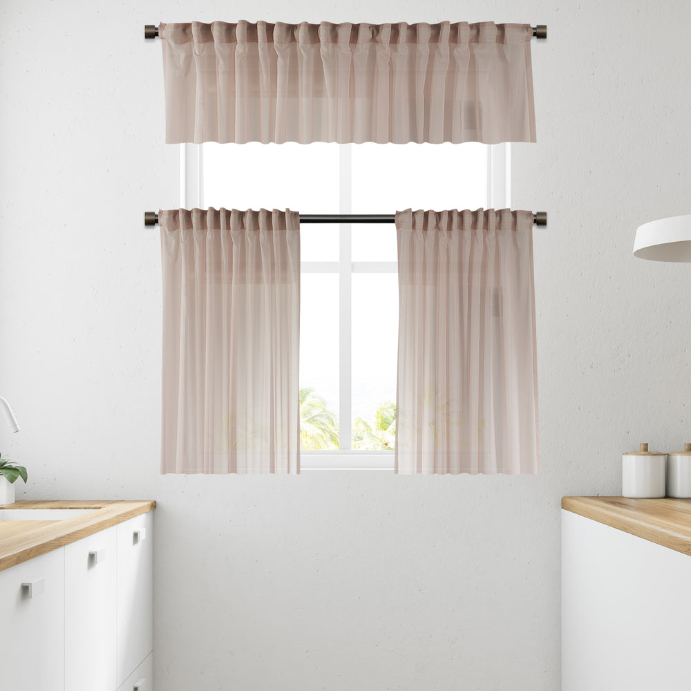 Pink sheer faux silk valance with soft translucency, delicate woven texture and lightweight drape for gentle daylight filtering.