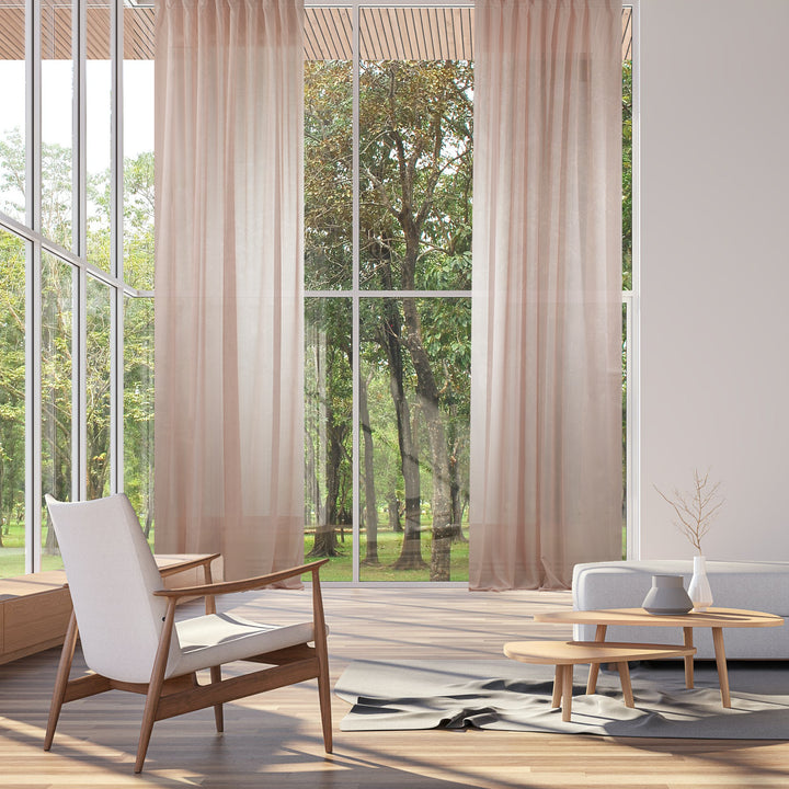 Extra‑wide extra-long made‑to‑measure Pink sheer silk‑crepe curtain featuring a lightweight airy drape and softly diffused daylight.