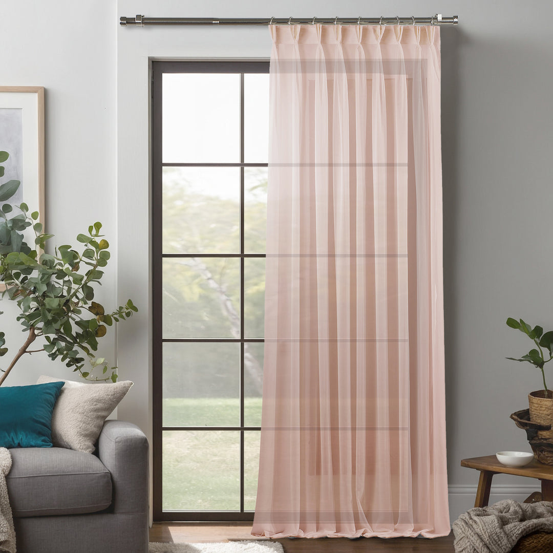 Pink silk‑crepe pinch‑pleated curtain in extra‑long and extra‑wide sizing, blending delicate crepe texture with elegant structured pleats and a smooth flowing drape