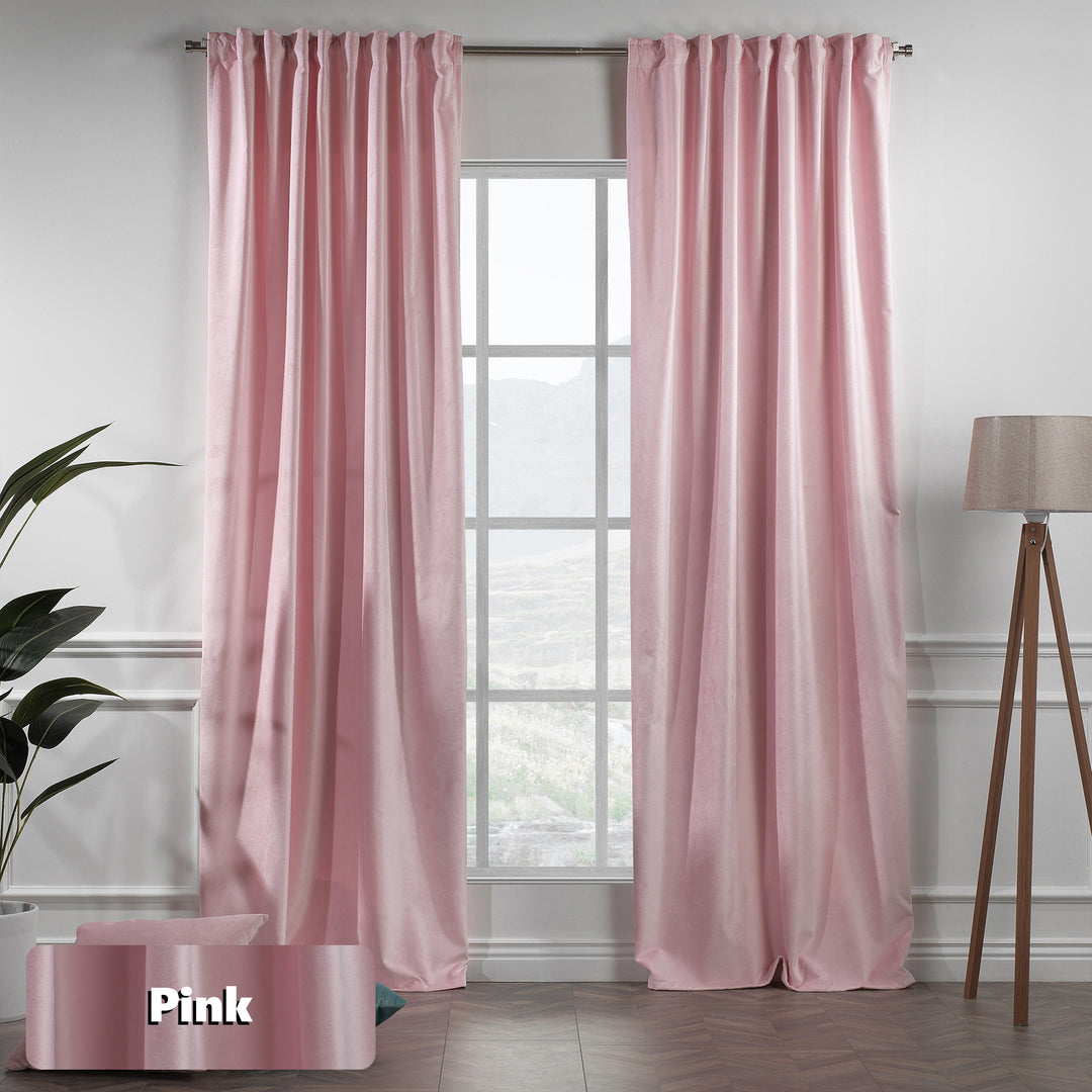 Extra‑long extra‑wide pink matte velvet curtain hanging on window, smooth matte finish, luxury tailored look.