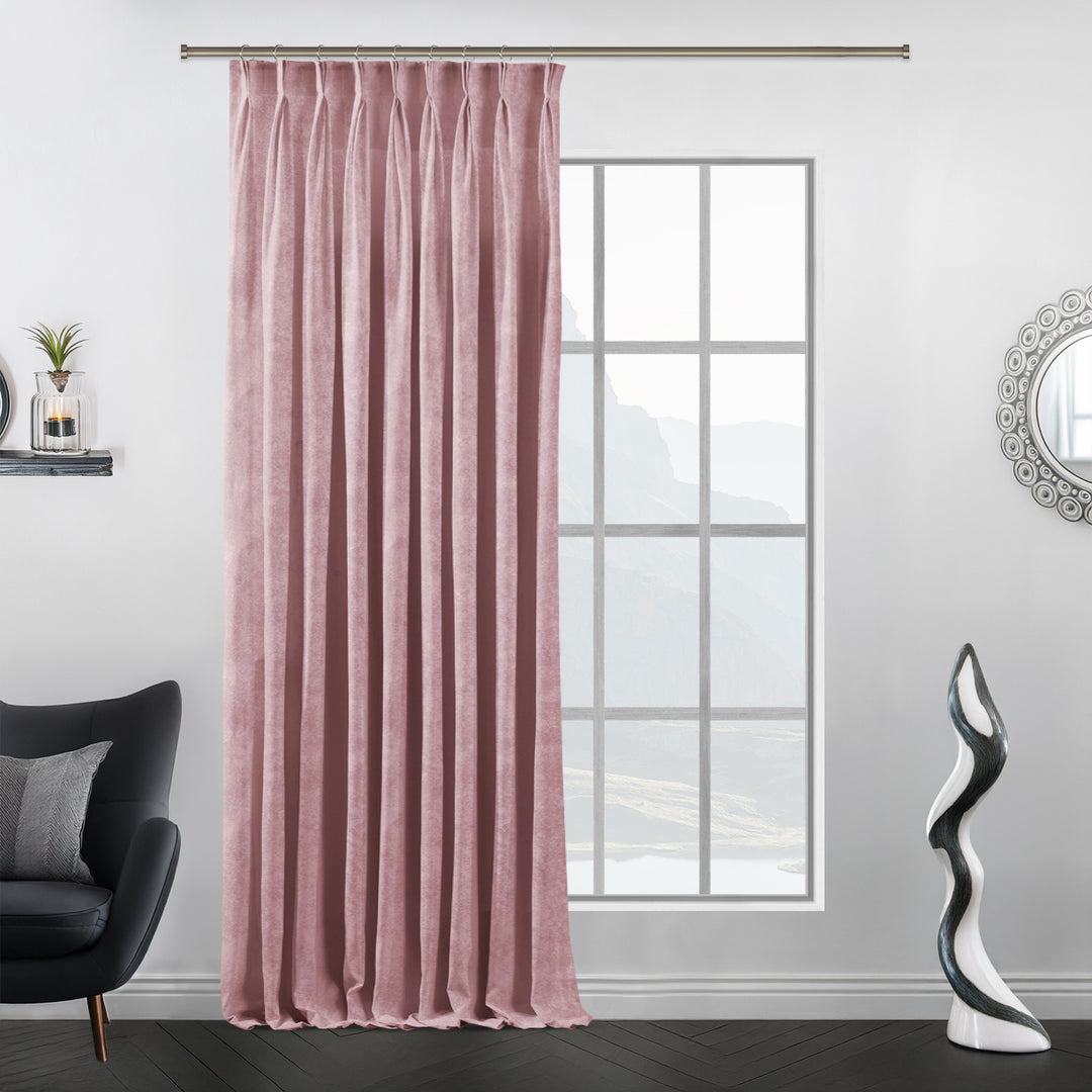Pair of pink matte velvet pinch pleat curtains, deep folds, extra‑wide fullness, made‑to‑measure fit.