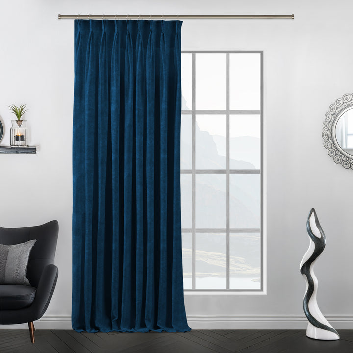 Pinch pleat matte velvet curtain with sculpted pleats and generous extra‑wide fullness.