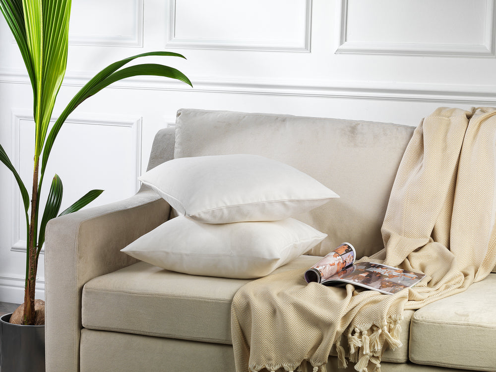  made to measure cushion cover in pure white velour, displayed from the side with a smooth lightweight texture and neatly finished seams for a refined decorative style