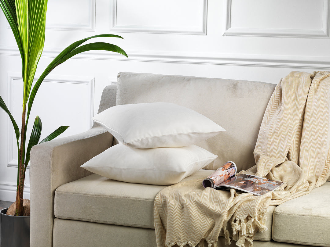  made to measure cushion cover in pure white velour, displayed from the side with a smooth lightweight texture and neatly finished seams for a refined decorative style