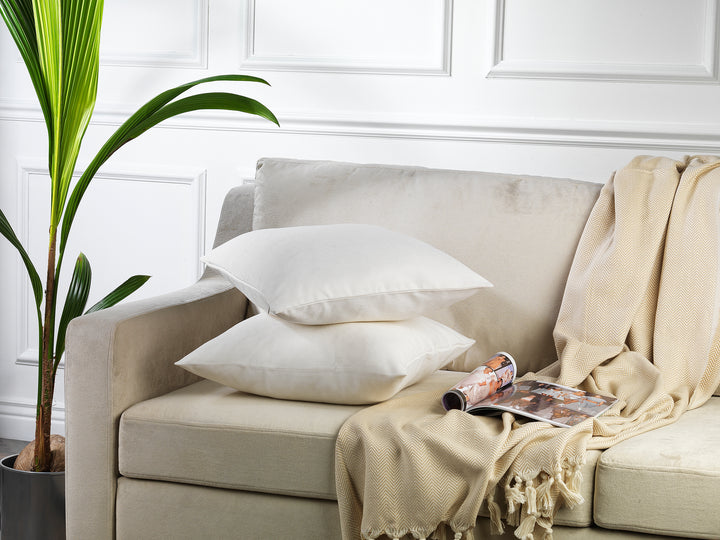  made to measure cushion cover in pure white velour, displayed from the side with a smooth lightweight texture and neatly finished seams for a refined decorative style